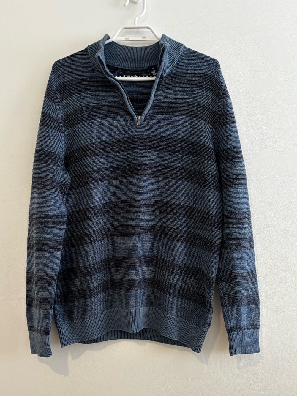 Chaps Men's Blue and Gray Zip-Front Striped Sweater